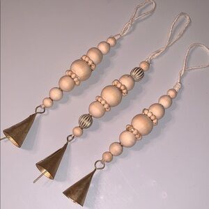 Handmade Wooden Cottagecore Bead Christmas Ornaments Set of 3 Bell Bohemian Gold